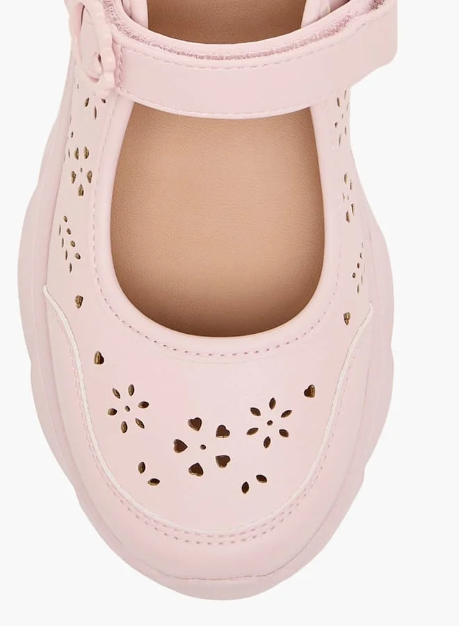 Little Missy Girls Laser Cut Detail Mary Jane Shoes with Hook and Loop Closure