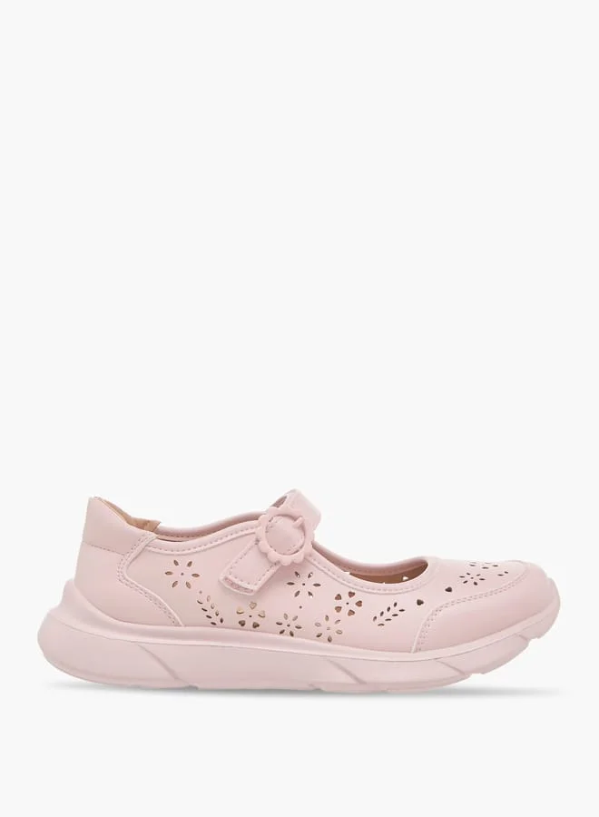 Little Missy Girls Laser Cut Detail Mary Jane Shoes with Hook and Loop Closure