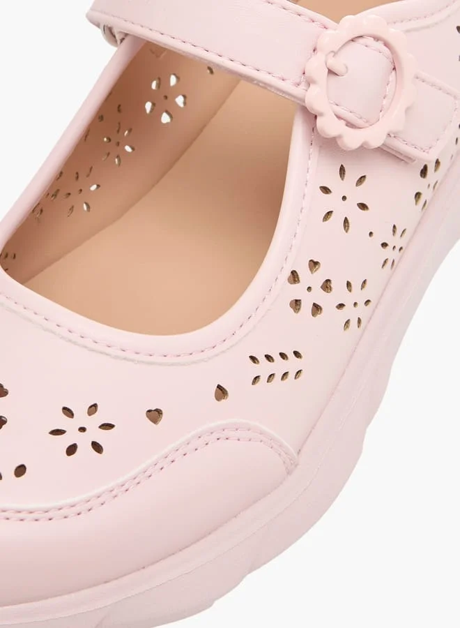 Little Missy Girls Laser Cut Detail Mary Jane Shoes with Hook and Loop Closure