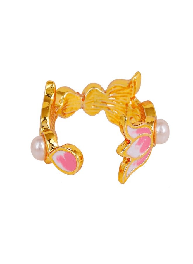 Estele Fashion Jewellery Finger Rings for Women Gold Plated Pink and White Enamel Lotus Designer Adjustable Finger Ring for Girls & Women - Image 3