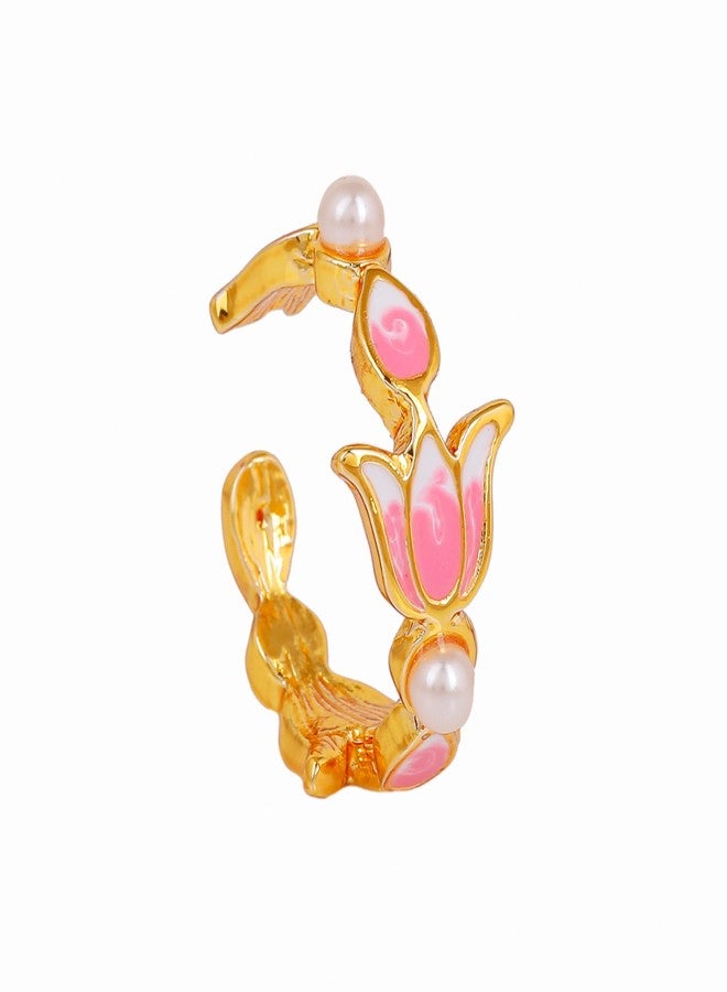 Estele Fashion Jewellery Finger Rings for Women Gold Plated Pink and White Enamel Lotus Designer Adjustable Finger Ring for Girls & Women - Image 2