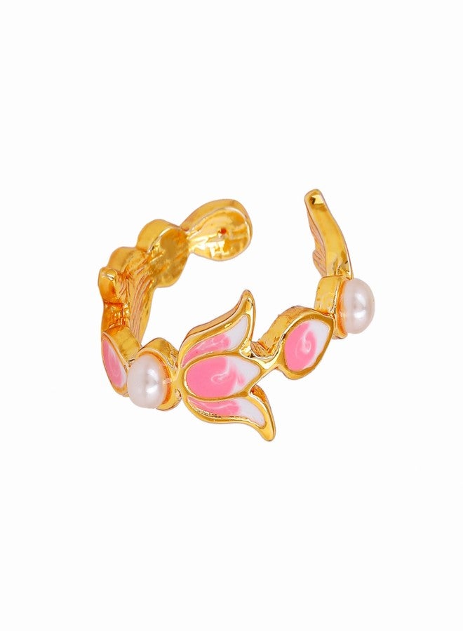 Estele Fashion Jewellery Finger Rings for Women Gold Plated Pink and White Enamel Lotus Designer Adjustable Finger Ring for Girls & Women - Image 1
