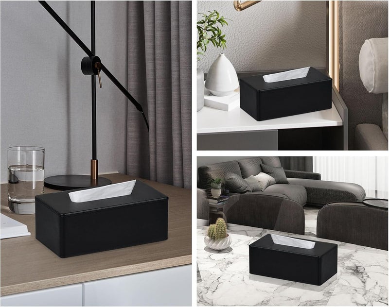 GOLRANLYE غطاء صندوق المناديل مستطيل 9.8 بوصة (طول) × 5.3 بوصة (عرض) × 4.3 بوصة (ارتفاع) حامل صندوق موزع المناديل الوجهية من الجلد PU الحديث والمكرر لزينة الخزانة والحمام (أسود) - Image 3