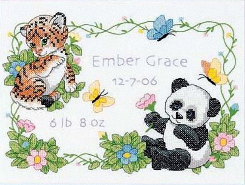 Dimensions Stamped Cross Stitch Kit Baby Animals Birth Record Personalized Baby Gift 12 x 9 White