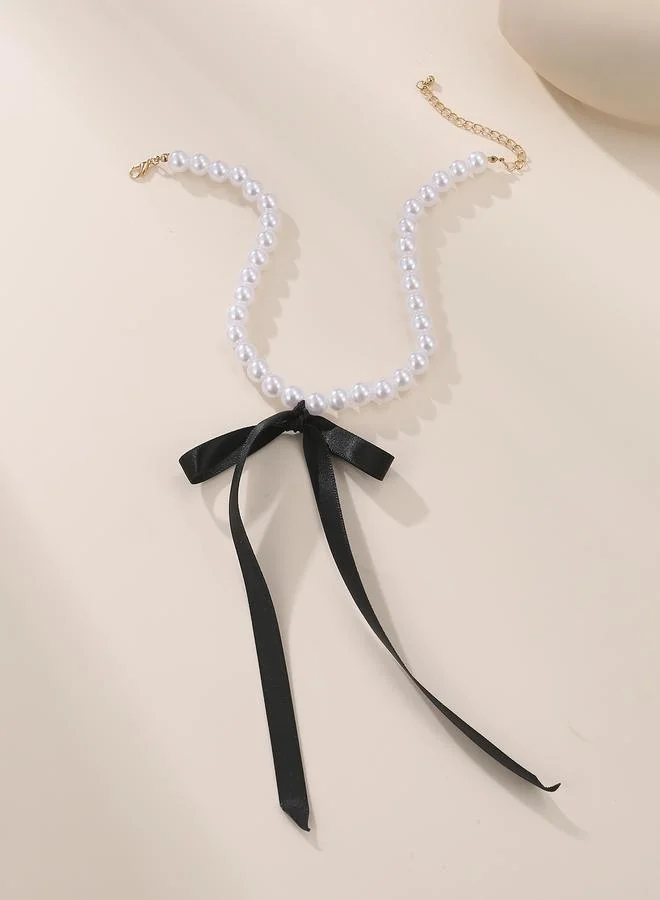 تايك تو Pearl Beaded Necklace with Black Ribbon