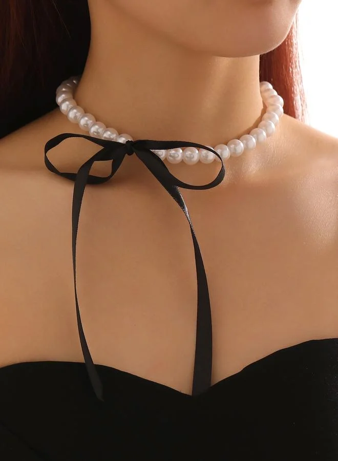 تايك تو Pearl Beaded Necklace with Black Ribbon