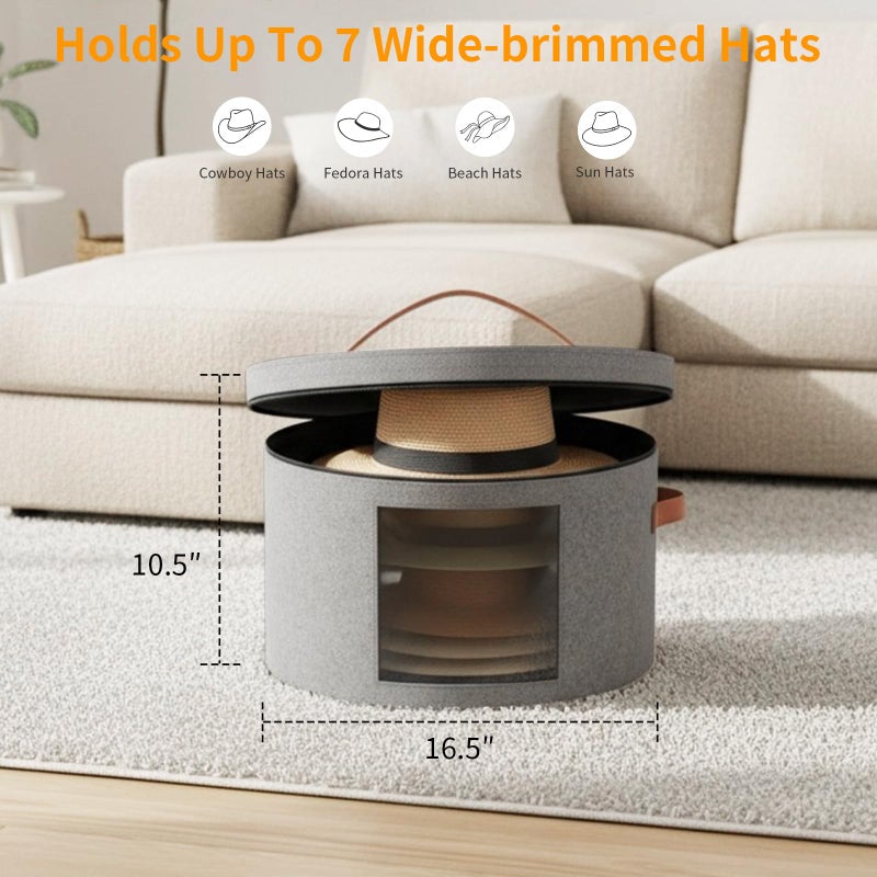 Samplife Hat Box,Hat Storage Box,Stackable Round Brim Hats Organizer Bag Container for Closet,Travel Hat Boxes for Women, Cowboy Hat Organizer, FoldableTravel Cap Boxes (01-Grey, 16.5" D x 10.5" H) - Image 2