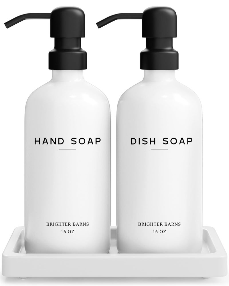 Brighter Barns White Glass Hand and Dish Soap Dispenser Set by Brighter Barns - Kitchen Soap Dispenser Set with Tray for Kitchen, Home or Vacation Rental - Modern Kitchen Decor & Accessories (White) - Image 1