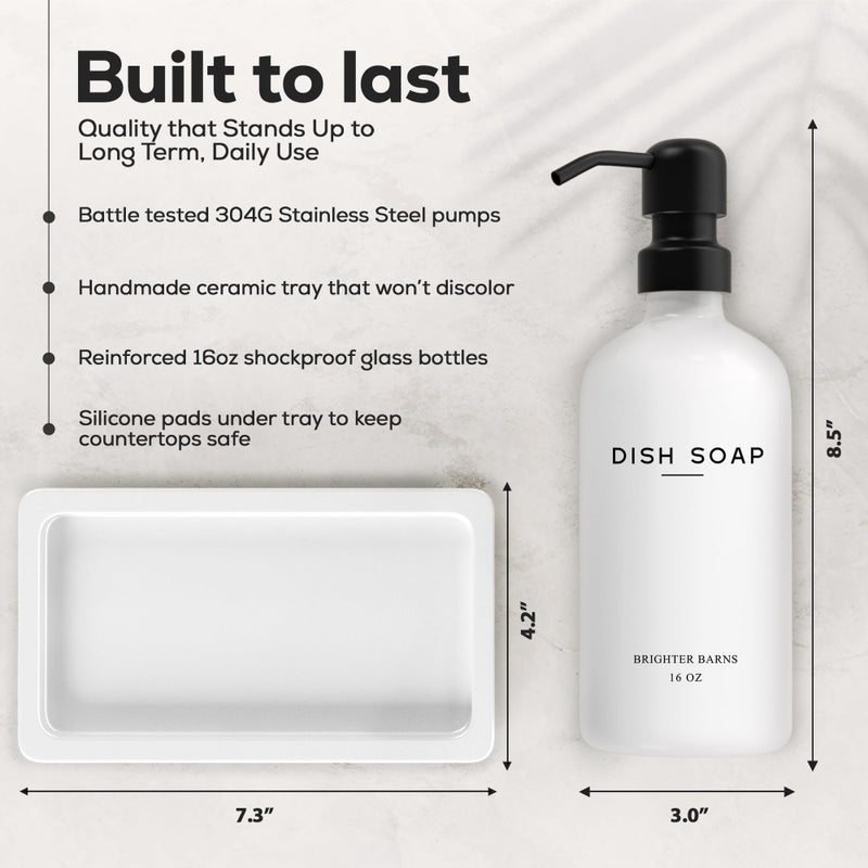Brighter Barns White Glass Hand and Dish Soap Dispenser Set by Brighter Barns - Kitchen Soap Dispenser Set with Tray for Kitchen, Home or Vacation Rental - Modern Kitchen Decor & Accessories (White) - Image 3