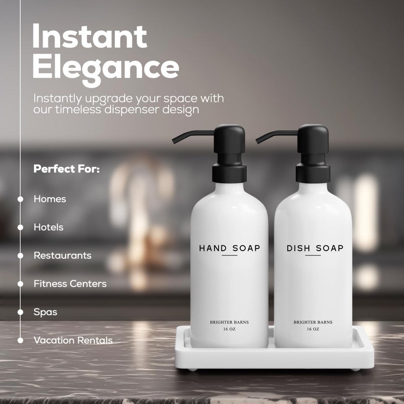 Brighter Barns White Glass Hand and Dish Soap Dispenser Set by Brighter Barns - Kitchen Soap Dispenser Set with Tray for Kitchen, Home or Vacation Rental - Modern Kitchen Decor & Accessories (White) - Image 2