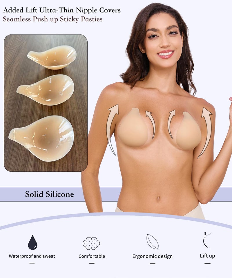 Bontierie Nipple Covers Sticky Push up Bra Added Lift Seamless Ultra-Thin Pasties Women Adhesive Bras Cream - Image 2