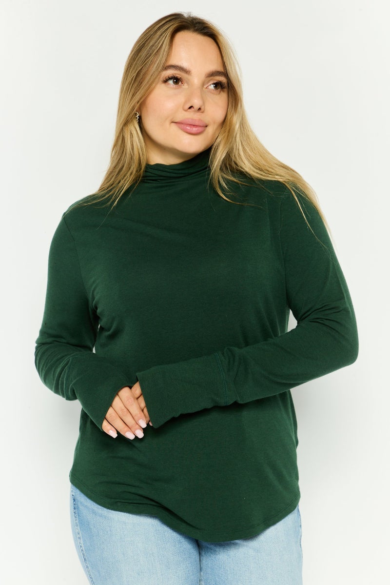 GAP Women Funnel Neck Long Sleeves Solid T-Shirt, Green - Image 1