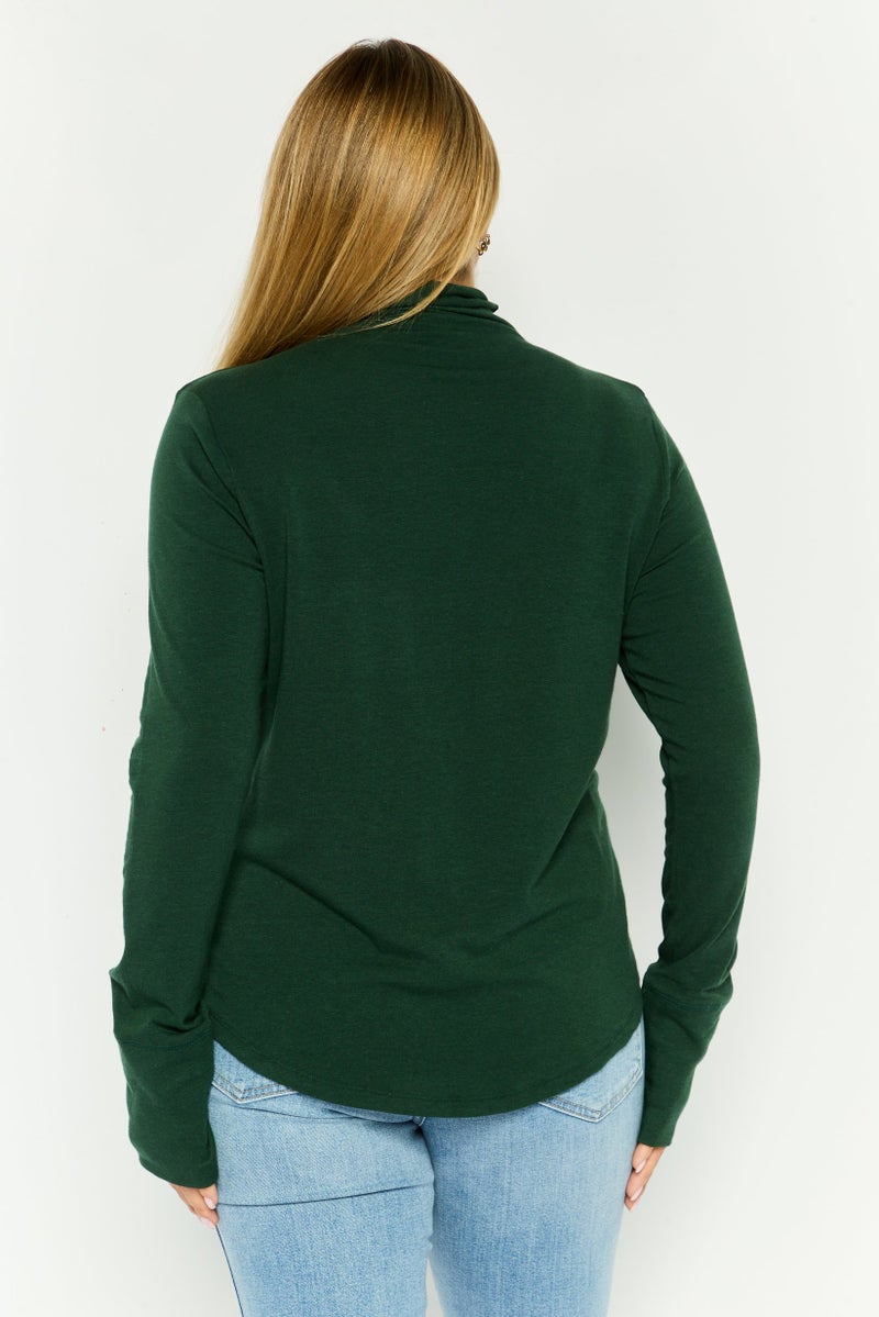GAP Women Funnel Neck Long Sleeves Solid T-Shirt, Green - Image 3