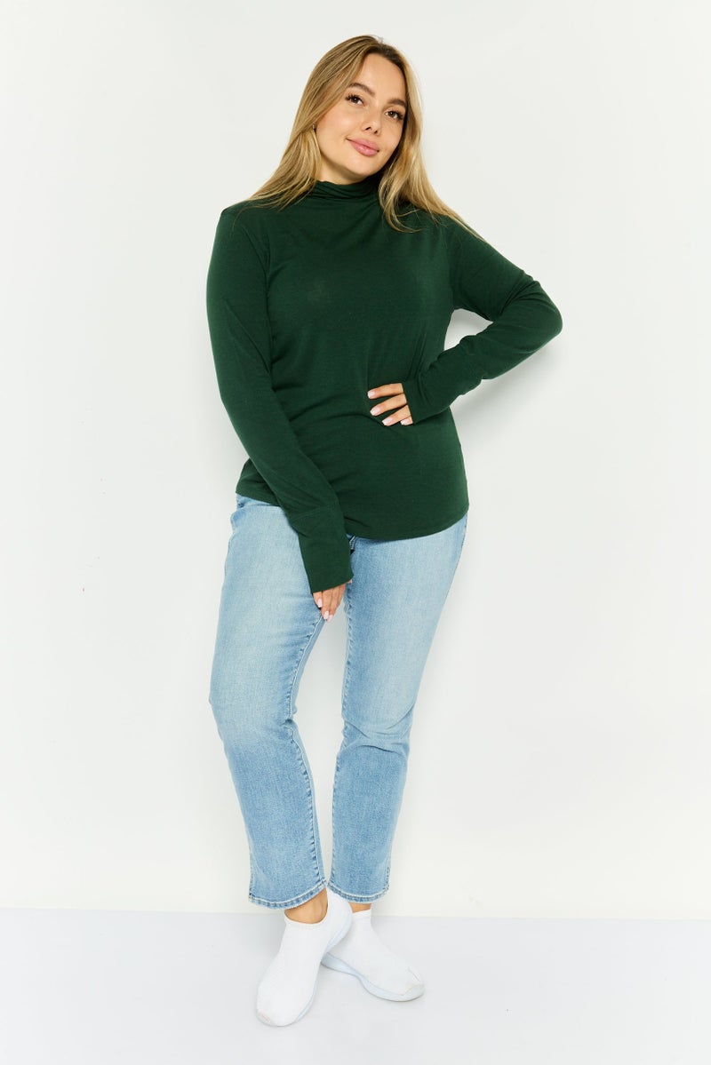 GAP Women Funnel Neck Long Sleeves Solid T-Shirt, Green - Image 4