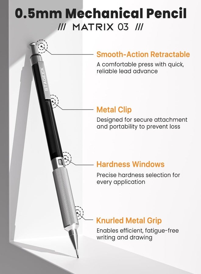 STAGEEK 0.5mm Mechanical Pencil, Metal Art & Drafting Pencil with Eraser and 60 HB Lead Refills, Professional Drawing Pencil for Artists, Students, School, Office, Writing, Sketching, Drafting(Black) - Image 2