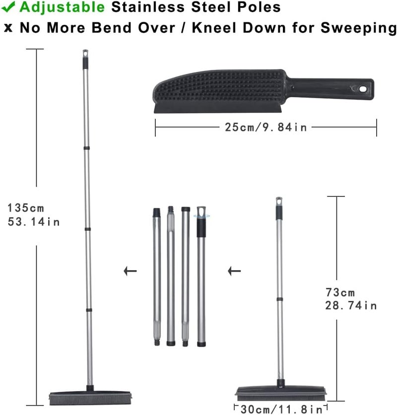 Lanhope Rubber Broom with Squeegee Fur and Long Handle, Carpet Rake and Lint Brush Set for Pet Dog Cat Hair Removal Tool, Sweeping Rug Brush Indoor Outdoor,Push Broom for Soft Carpet,Tile,Wooden Floor - Image 4