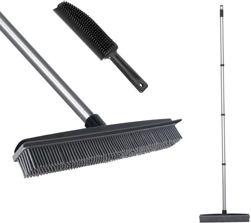 Lanhope Rubber Broom with Squeegee Fur and Long Handle, Carpet Rake and Lint Brush Set for Pet Dog Cat Hair Removal Tool, Sweeping Rug Brush Indoor Outdoor,Push Broom for Soft Carpet,Tile,Wooden Floor - Image 1