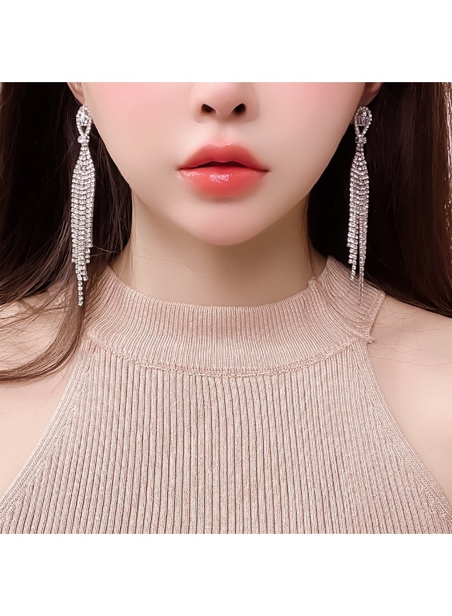 MANBO Shiny Rhinestone Tassel Drop Earrings, Luxury Long Dangling Crystal Earrings, Elegant Evening Party Bridal Jewelry - Image 2