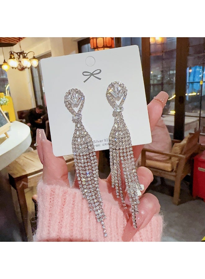 MANBO Shiny Rhinestone Tassel Drop Earrings, Luxury Long Dangling Crystal Earrings, Elegant Evening Party Bridal Jewelry - Image 1