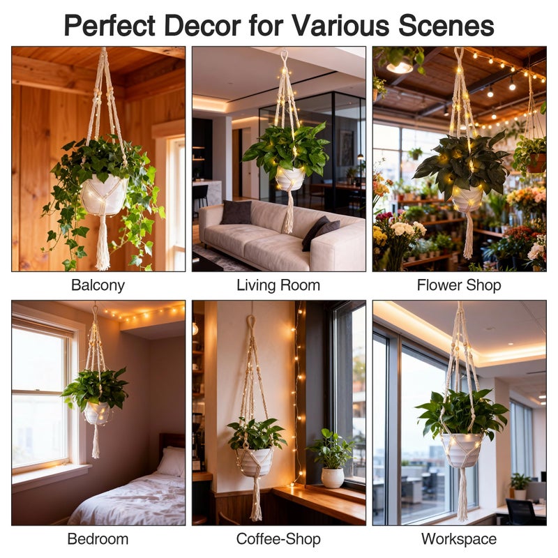 Loscarol 2 Pack Macrame Plant Hanger with Lights and 2Pcs Hooks, Indoor Boho Plant Hanger with Remote, Hanging Plant Holder Handwoven Cotton Rope Tassels for Boho Home Window Decor (Pots Not Included) - Image 2
