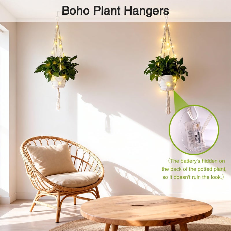 Loscarol 2 Pack Macrame Plant Hanger with Lights and 2Pcs Hooks, Indoor Boho Plant Hanger with Remote, Hanging Plant Holder Handwoven Cotton Rope Tassels for Boho Home Window Decor (Pots Not Included) - Image 5