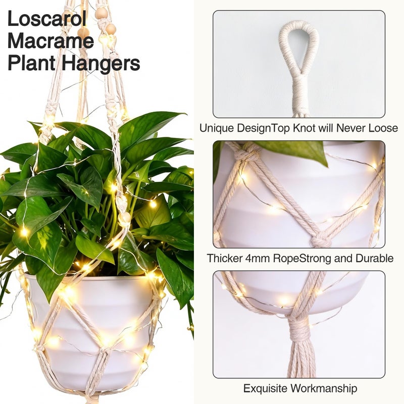 Loscarol 2 Pack Macrame Plant Hanger with Lights and 2Pcs Hooks, Indoor Boho Plant Hanger with Remote, Hanging Plant Holder Handwoven Cotton Rope Tassels for Boho Home Window Decor (Pots Not Included) - Image 4