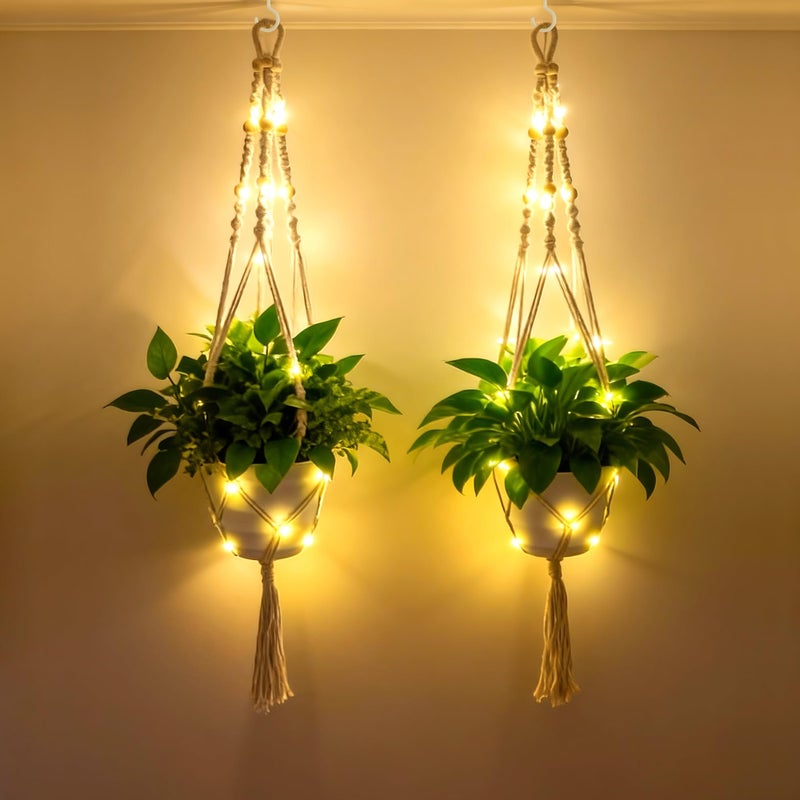 Loscarol 2 Pack Macrame Plant Hanger with Lights and 2Pcs Hooks, Indoor Boho Plant Hanger with Remote, Hanging Plant Holder Handwoven Cotton Rope Tassels for Boho Home Window Decor (Pots Not Included) - Image 1