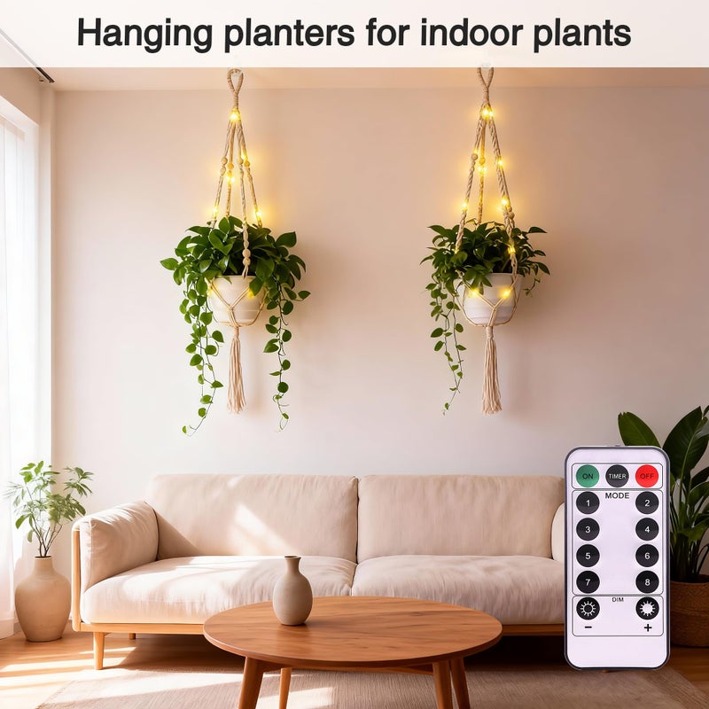 Loscarol 2 Pack Macrame Plant Hanger with Lights and 2Pcs Hooks, Indoor Boho Plant Hanger with Remote, Hanging Plant Holder Handwoven Cotton Rope Tassels for Boho Home Window Decor (Pots Not Included) - Image 3