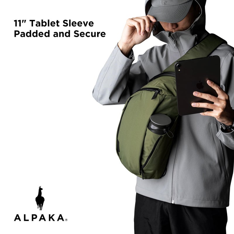 ALPAKA حقيبة كتف ALPAKA ميترو 7.5 لتر - حقيبة كتف للرجال، حقيبة ظهر جانبية - تناسب جهاز لوحي 11 بوصة - كتف واحد بسحاب YKK - جيب قابل للتوسيع لزجاجة الماء - حافظة للهاتف - أخضر Axoflux 210D - Image 5