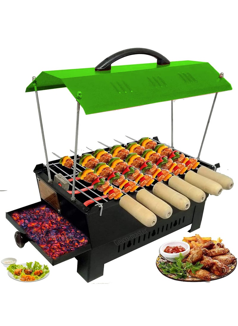 Geico-master Geicomaster Green Hut Shape BBQ Portable Picnic Iron Barbeque Grill with 6 Skewers Wooden Handle 1 Iron Grill Electric Grill  - Image 2