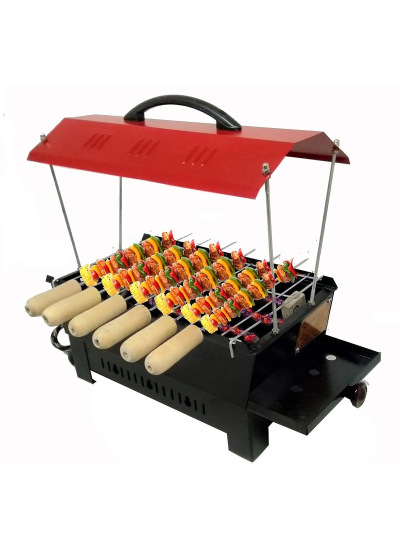 Geico-master Geicomaster Green Hut Shape BBQ Portable Picnic Iron Barbeque Grill with 6 Skewers Wooden Handle 1 Iron Grill Electric Grill  - Image 5