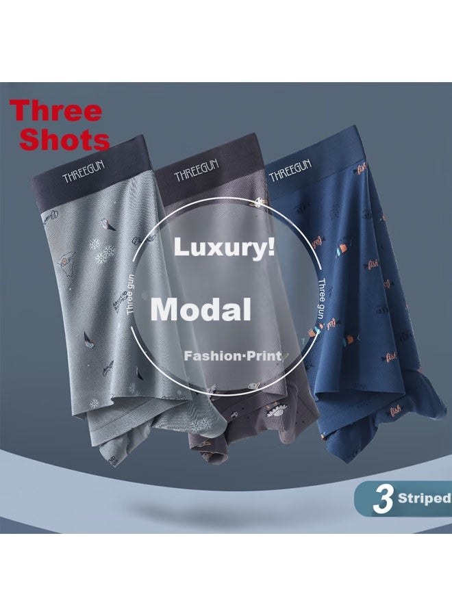 Threegun Men's Modal Antibacterial Inner Crotch Boxer Briefs Casual Breathable Shorts Printed Style - Image 1