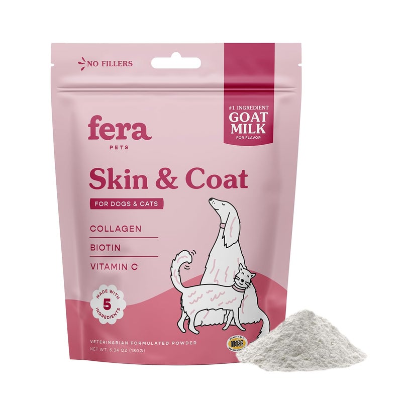 Fera Pets Goat Milk Topper - Cat & Dog Skin and Coat Supplement with Collagen, Biotin & Vitamin C - Helps Maintain Normal Skin Moisture - Promotes a Shiny Coat - for Picky Eaters - 60 TSP - Image 1