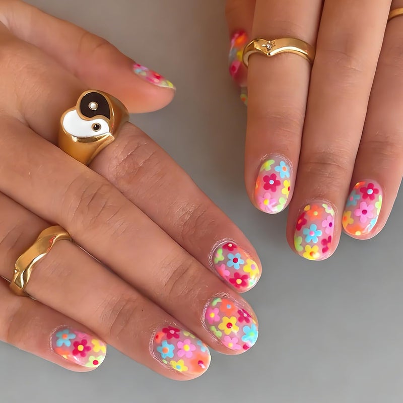 MABKJLF Short Press on Nails Square MABKJLF Fake Nails Full Cover False Nails with Color Flower Designs Glossy False Nails with Nail Glue Nail Accessories Artificial Acrylic Nails for Women Girls 24 Pcs - Image 3