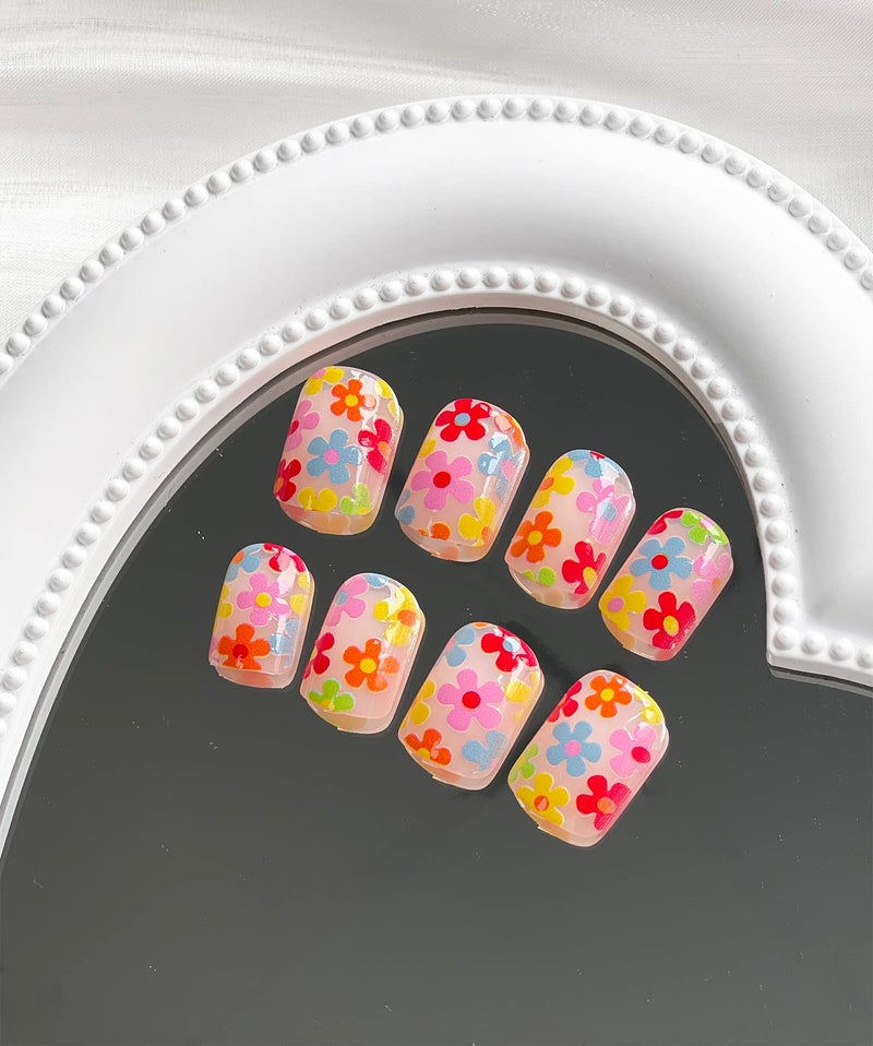 MABKJLF Short Press on Nails Square MABKJLF Fake Nails Full Cover False Nails with Color Flower Designs Glossy False Nails with Nail Glue Nail Accessories Artificial Acrylic Nails for Women Girls 24 Pcs - Image 4
