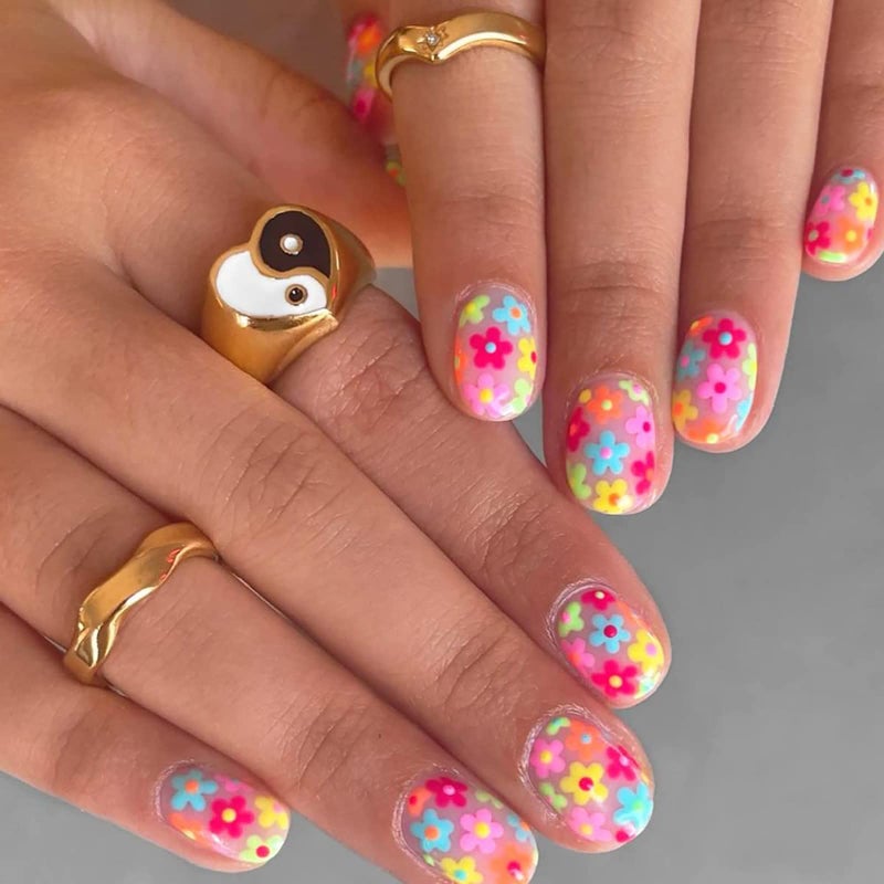 MABKJLF Short Press on Nails Square MABKJLF Fake Nails Full Cover False Nails with Color Flower Designs Glossy False Nails with Nail Glue Nail Accessories Artificial Acrylic Nails for Women Girls 24 Pcs - Image 1