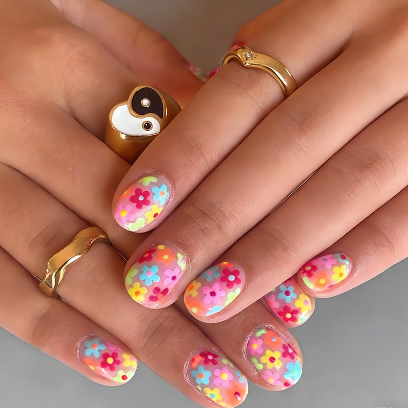 MABKJLF Short Press on Nails Square MABKJLF Fake Nails Full Cover False Nails with Color Flower Designs Glossy False Nails with Nail Glue Nail Accessories Artificial Acrylic Nails for Women Girls 24 Pcs - Image 2