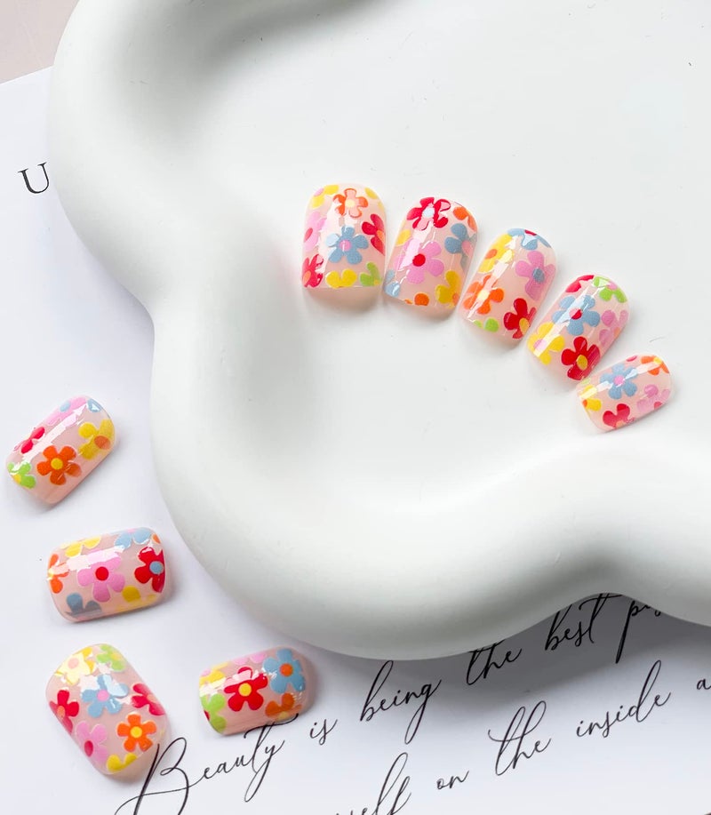 MABKJLF Short Press on Nails Square MABKJLF Fake Nails Full Cover False Nails with Color Flower Designs Glossy False Nails with Nail Glue Nail Accessories Artificial Acrylic Nails for Women Girls 24 Pcs - Image 5