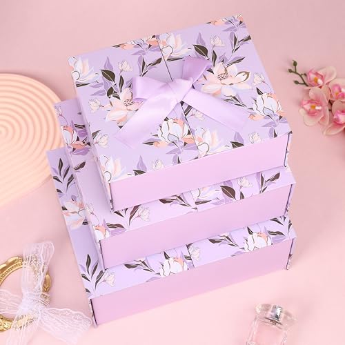 HOME ELEMENTS 3 Pcs Set of Luxury Gift Box Set With Bow, Bridesmaid Box, Decorative Gift Packing Boxes Perfect for Presents Diwali Christmas Wedding Birthdays Special Occasions Gift Hampers (Lavender) - Image 1