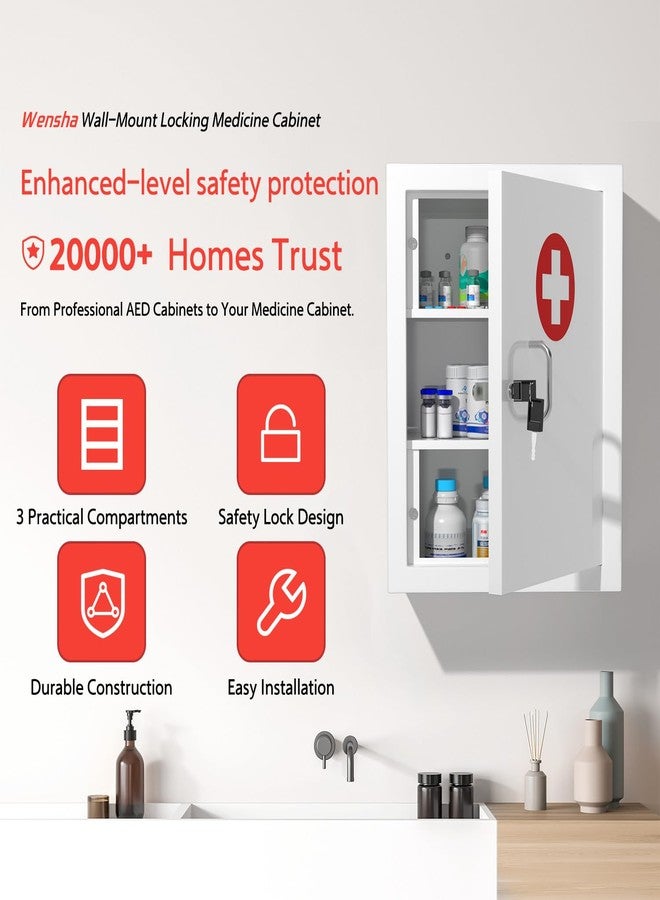 Wensha Locking Medicine Cabinet Wall-Mount: Storage Cabinet with Lock & Key - White Metal First Aid Kits for Family Safety and Childproofing - Image 2