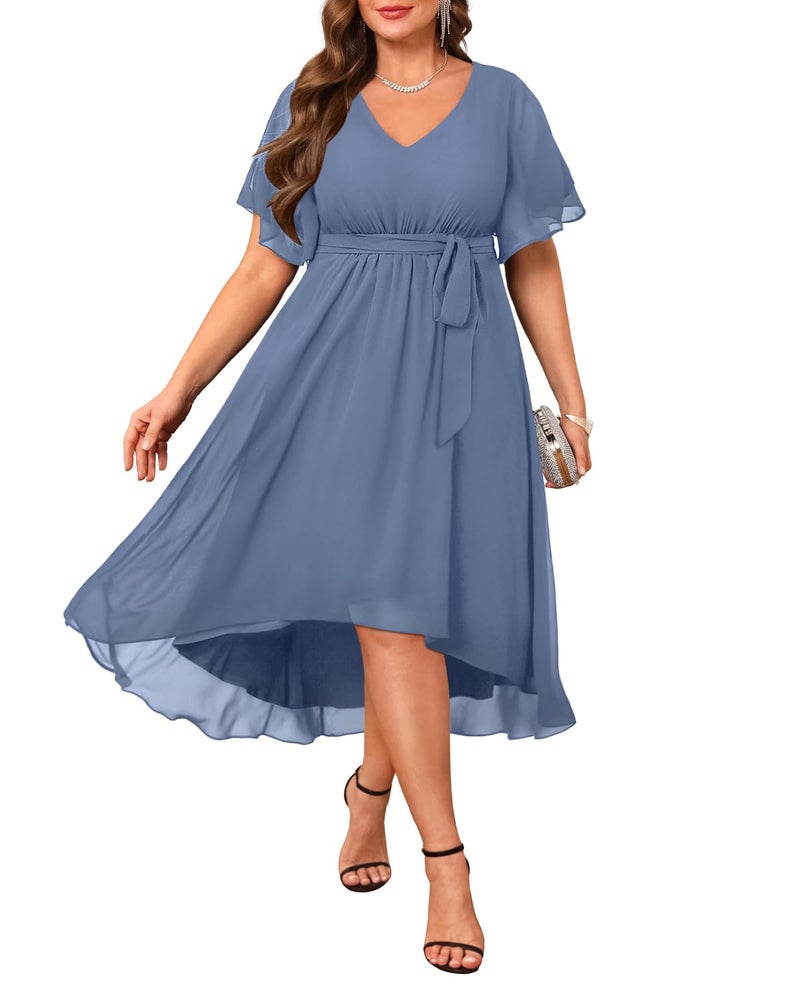 Talisea Dusty Blue Dress Wedding Guest Dresses Plus Size Formal Mother of The Bride Chiffon Short Sleeve High Low Curvy Women - Image 1