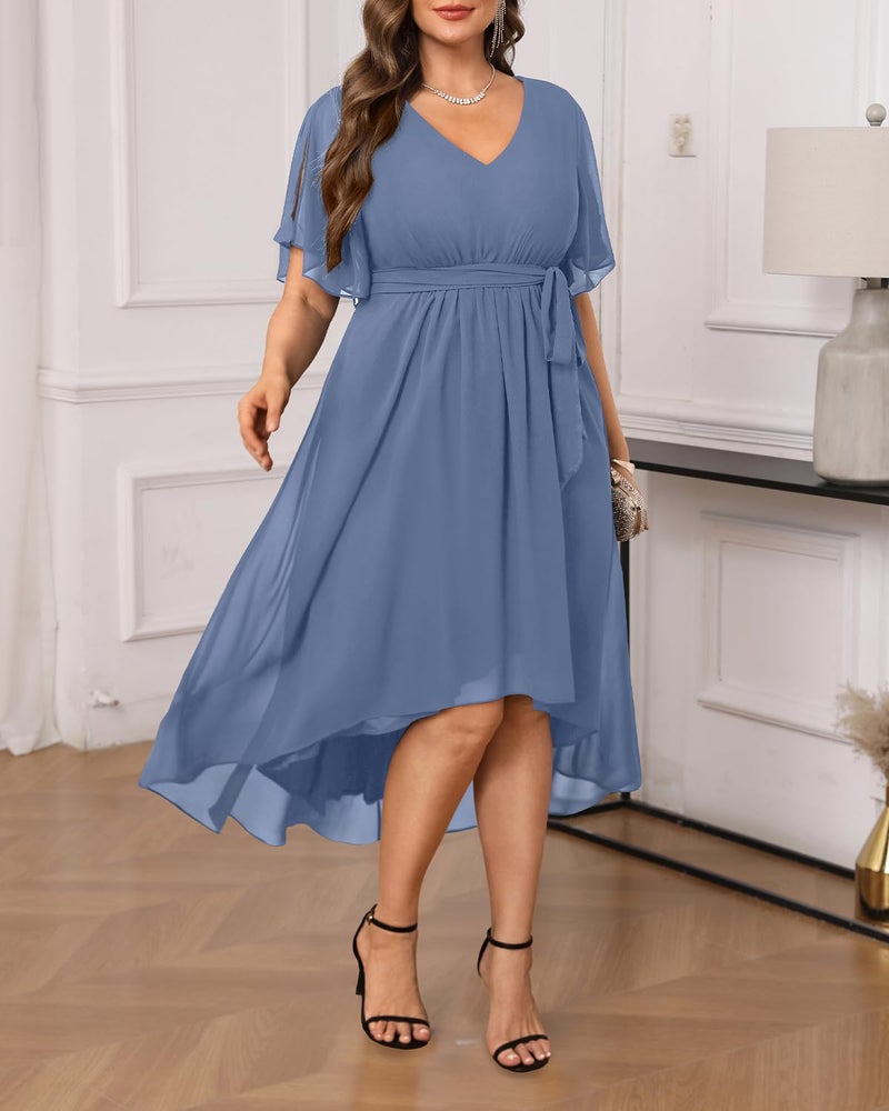 Talisea Dusty Blue Dress Wedding Guest Dresses Plus Size Formal Mother of The Bride Chiffon Short Sleeve High Low Curvy Women - Image 3