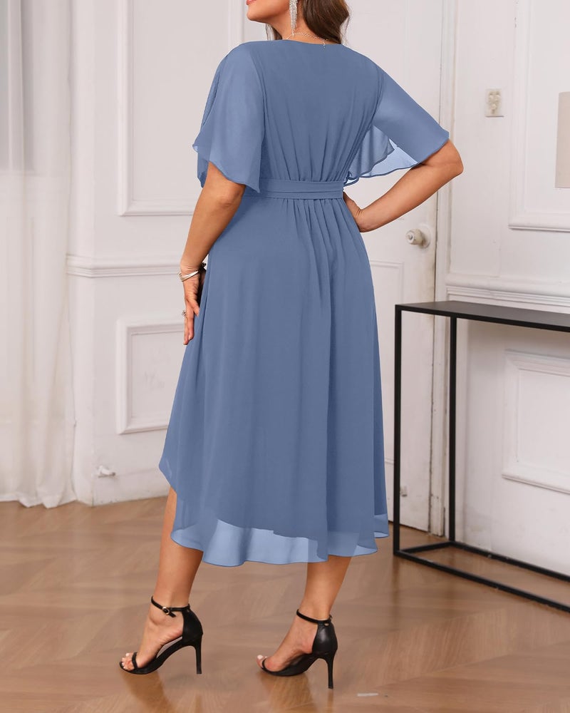 Talisea Dusty Blue Dress Wedding Guest Dresses Plus Size Formal Mother of The Bride Chiffon Short Sleeve High Low Curvy Women - Image 4