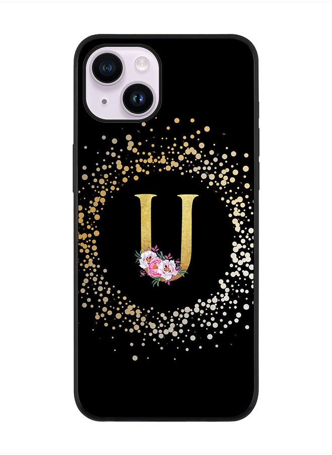 Stylizedd Rugged Black edge case for Apple iPhone 14 Plus, Soft Flexible Phone case Custom Monogram Initial Letter Floral Pattern Alphabet - U (Black)  - Image 1