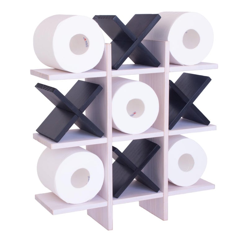 DAOYOUSKY Tic Tac Toe Toilet Paper Holder Stand with 4pcs Wooden X, Farmhouse Rustic Wall Mounted Funny Toilet Papers Storage Organizer with Shelf, Guest Bathroom Decor, White and Black - Image 1