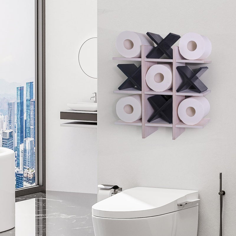 DAOYOUSKY Tic Tac Toe Toilet Paper Holder Stand with 4pcs Wooden X, Farmhouse Rustic Wall Mounted Funny Toilet Papers Storage Organizer with Shelf, Guest Bathroom Decor, White and Black - Image 2
