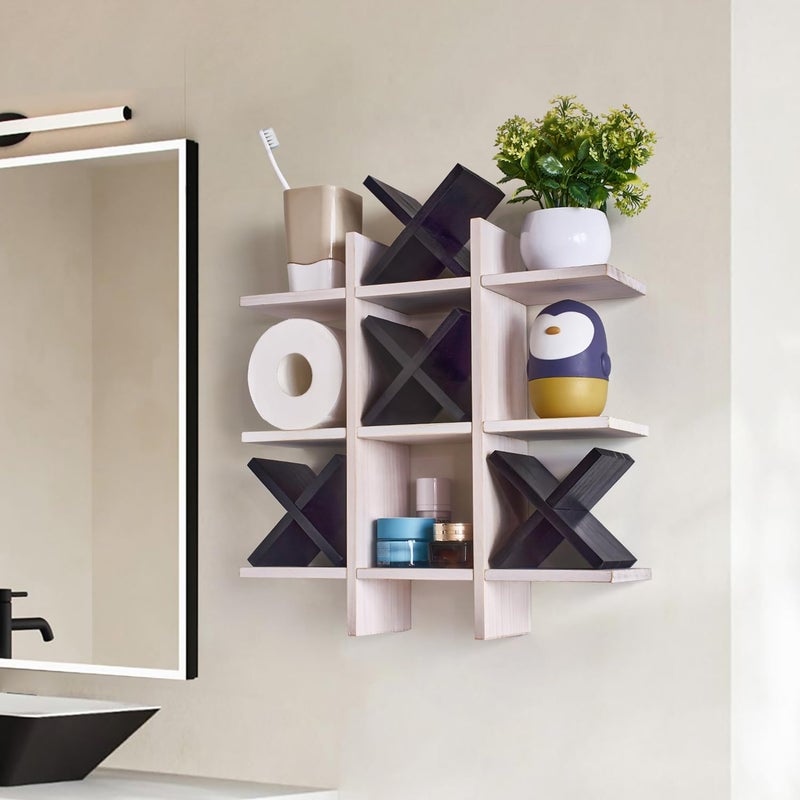 DAOYOUSKY Tic Tac Toe Toilet Paper Holder Stand with 4pcs Wooden X, Farmhouse Rustic Wall Mounted Funny Toilet Papers Storage Organizer with Shelf, Guest Bathroom Decor, White and Black - Image 4
