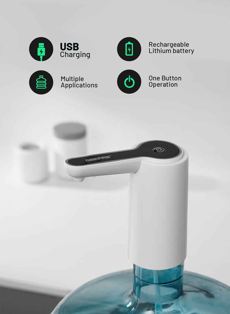 GEEPAS Rechargeable Mini Water Dispenser Portable and Light-Weight Pump with Easy Press Mechanism and USB Charge Plug and Play White and Black - Image 1