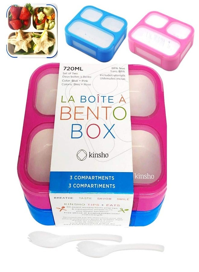 Kinsho Bento Box for Kids, Toddler Lunch-Box for Small Boys Girls in School, Pre-School or Daycare, Leakproof 3 Compartment Containers for Portion Control Snacks for Adults, BPA Free. Medium Blue Pink 2 pack - Image 1