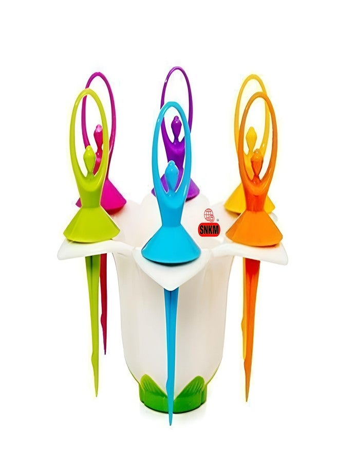 SNKM - Dancing Doll Fruit Fork Cutlery Set with Stand BPA Free | Food Safe | Easy to Use | Reusable | (Set of 6, Multicolour, Pack of 1) - Image 5